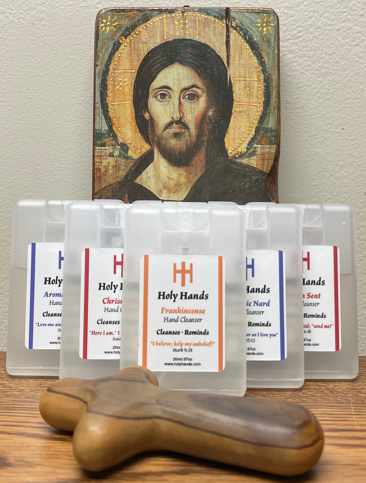 Holy Hands Frankincense. Aromatic Nard & Chrism Sent Hand Cleanser - Two of Each Card Style 20 ml Spray Bottles - FREE SHIPPING