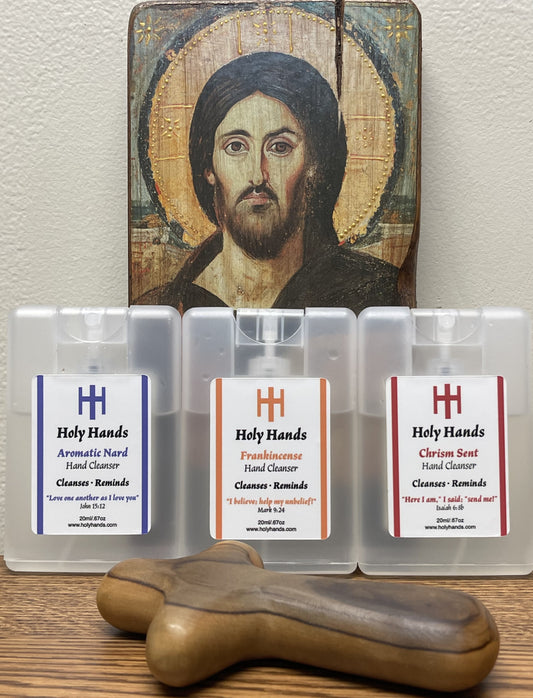 Holy Hands Frankincense, Aromatic Nard & Chrism Sent Hand Cleanser - One of Each Card Style 20 ml Spray Bottles - FREE SHIPPING