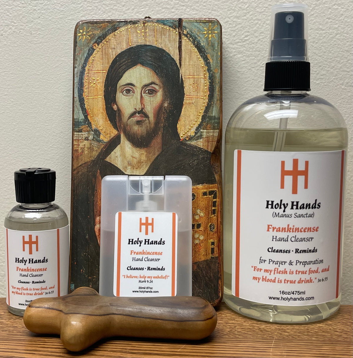 Holy Hands Frankincense Hand Cleanser - One 20 ml Card, One 2 oz Bottle, One 16 oz Bottle - FREE SHIPPING
