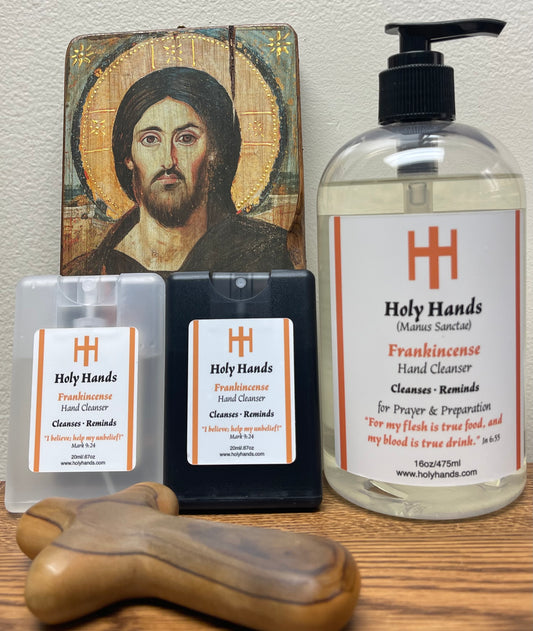 NEW! Holy Hands Frankincense Hand Cleanser - Two Card Style 20 ml Spray Bottles and One 16 oz Bottle - FREE SHIPPING